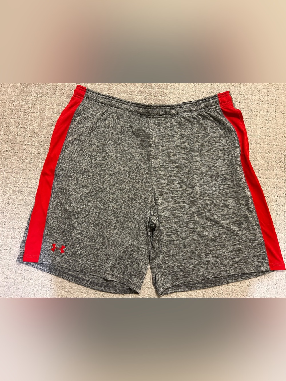 Under Armour Men's Gray Athletic Shorts with Red Side Panels 2XL